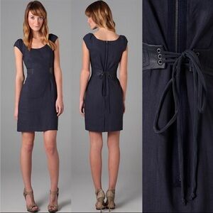Rebecca Taylor Navy Linen Blend Dress with Lamb Leather Sides & Corset Back 8